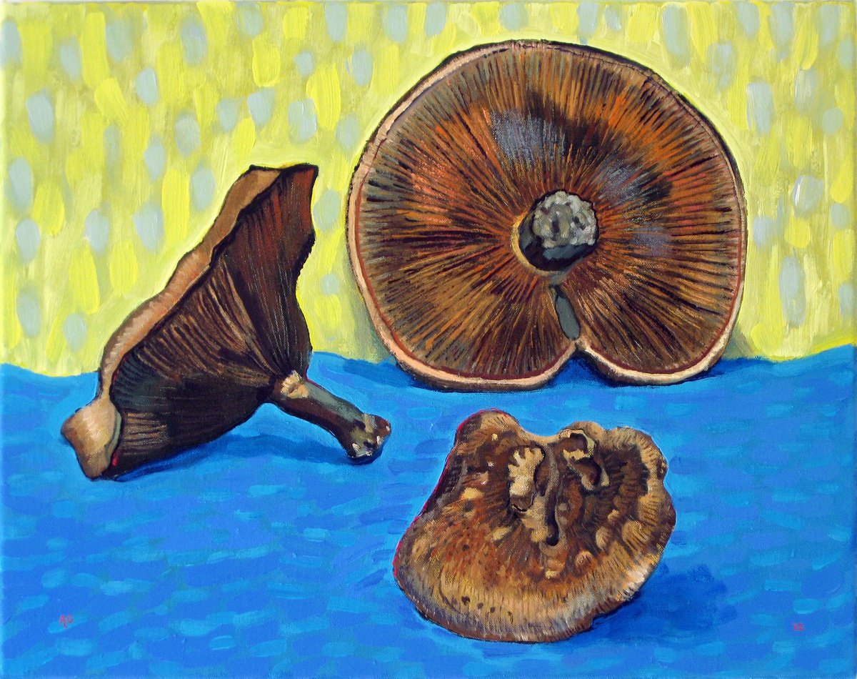 Botanical Oil Painting By Richard Gibson, 18 X 14", Funghi On Blue Table (1), Original Artwork
