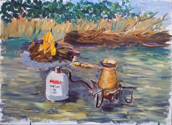 Camping coffee in the cezve Original Plein Air Oil Painting