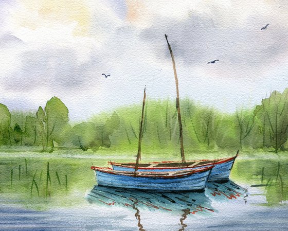 Under the clouds original watercolor medium size with two boats in the river, decor for living room