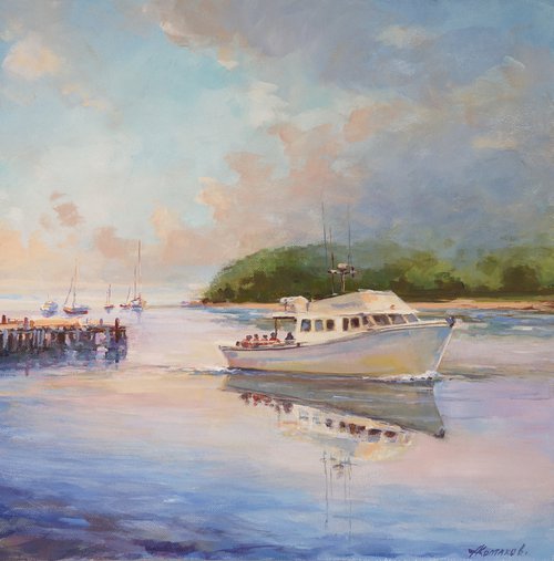 Dawn over the bay, original, one-of-a-kind acrylic on canvas seascape by Alexander Koltakov