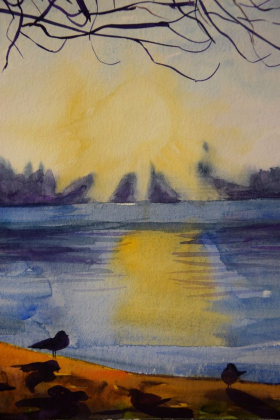 Norwegian watercolor painting Sunset winter lake with birds, romantic gift
