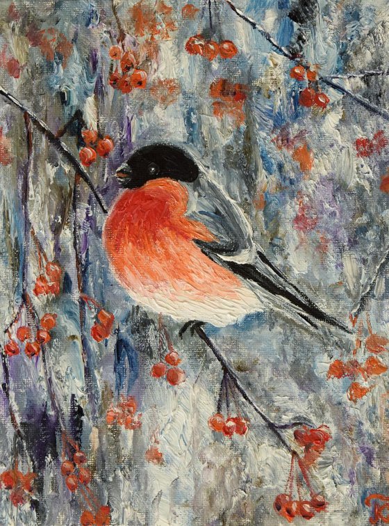 Christmas bullfinch original oil painting on canvas, Cute winter bird