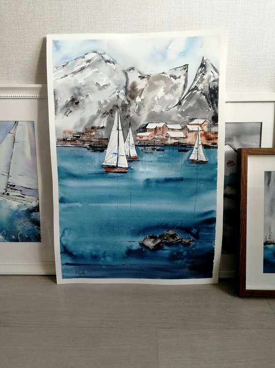 Scandinavia landscape. Teal seascape