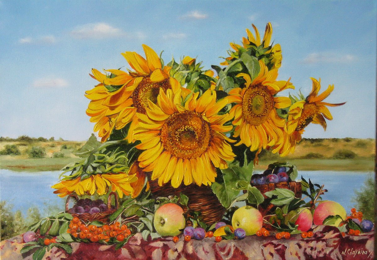 Photorealistic Oil Painting , Golden Sunflowers And Fruit By Natalia Shaykina, 31 X 22, Artwork For Sale On Artfinder