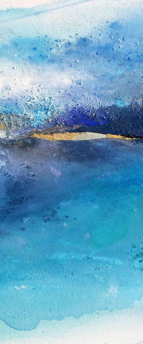 "Summer love" Ocean atmospheric abstract modern  painting water waves  seascape with gold leaf by Henrieta Angel