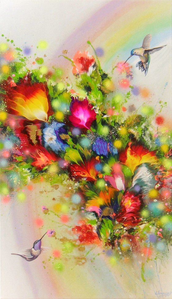 "Hummingbirds and Rainbow" LARGE painting