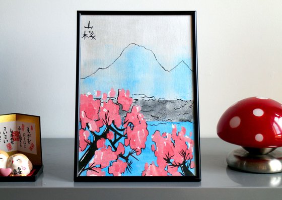 Mountain With Cherry Blossom Japanese Style Painting On Paper
