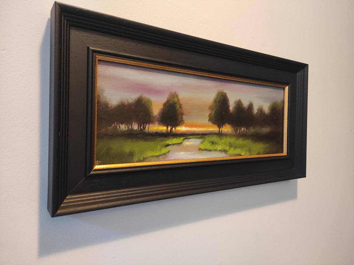 Impressionistic Landscape Oil Painting By Jane Palmer Art, 19 X 9, Sunset Stream, Original Artwork