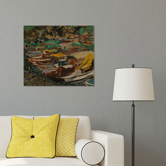 MARMARIS BOATS. TURKEY - Oil on canvas original painting, marina landscape, seascape, sea, boat  60x70