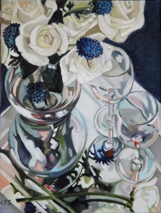 Glass Reflections with roses and thistles 2
