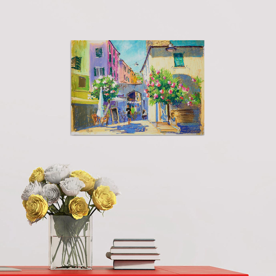 Monterosso. Italian summer. Sunny urban landscape. Medium size oil pastel impressionistic interior painting travel decor cinque terre