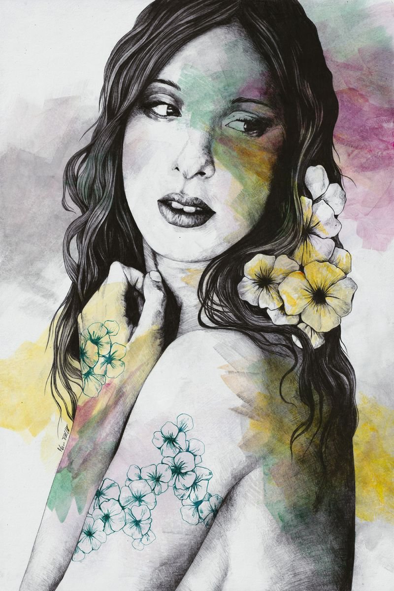 Shame On You | sensual female portrait | sexy lady with flowers tattoo | figurative pencil... by Marco Paludet
