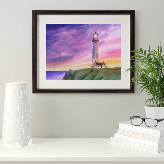 Lighthouse Sunset #2 Original Watercolor painting - seascape wall art - sunset