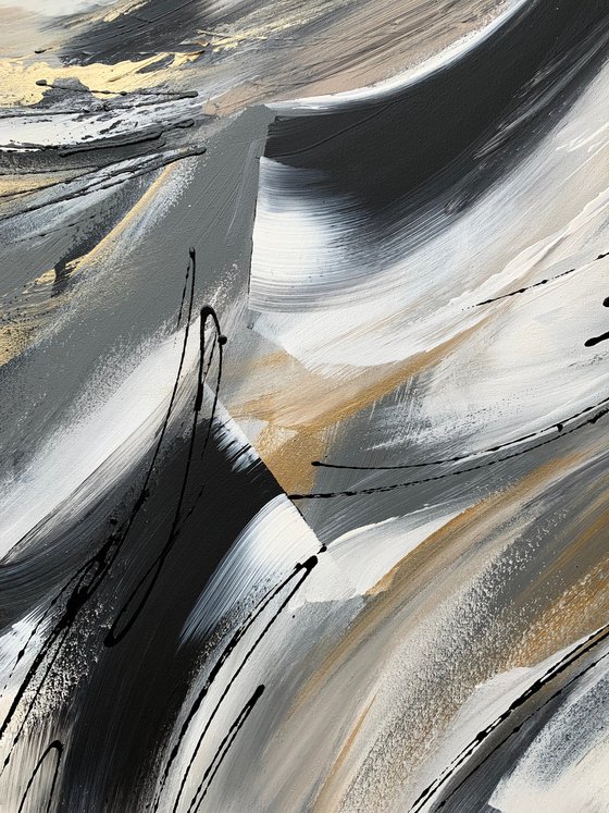 Wild and Free - XL LARGE;  GOLD, BLACK & WHITE ART; MODERN ABSTRACT ART – EXPRESSIONS OF ENERGY AND LIGHT. READY TO HANG!