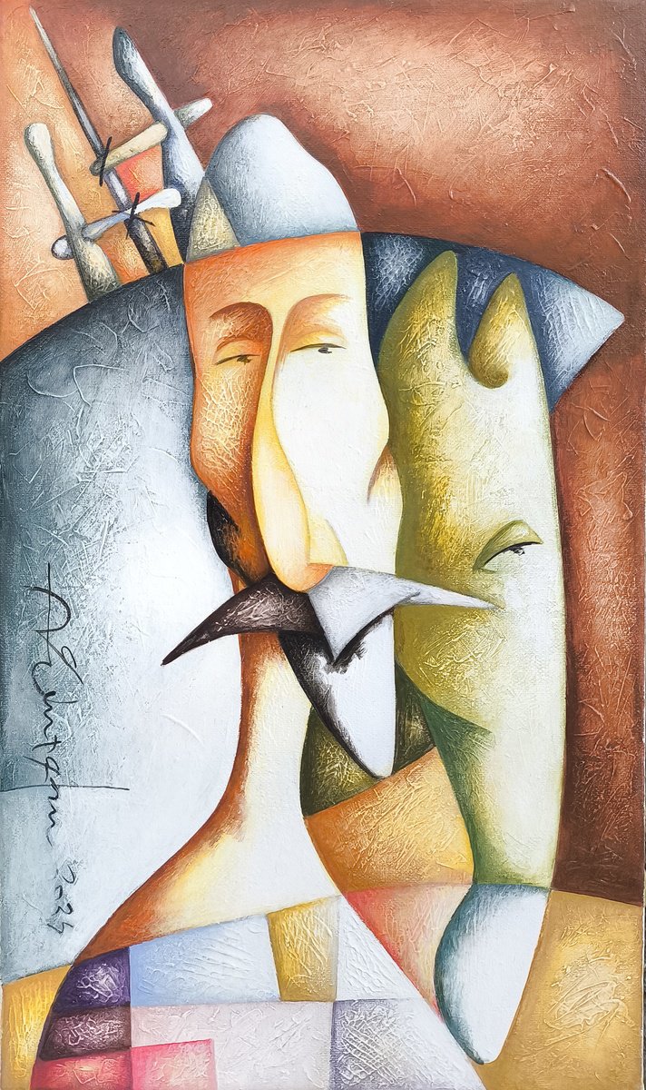 Naive Portrait Oil Painting By Sargis Zakarian, 12 X 20", Chasing Dreams, Original Artwork