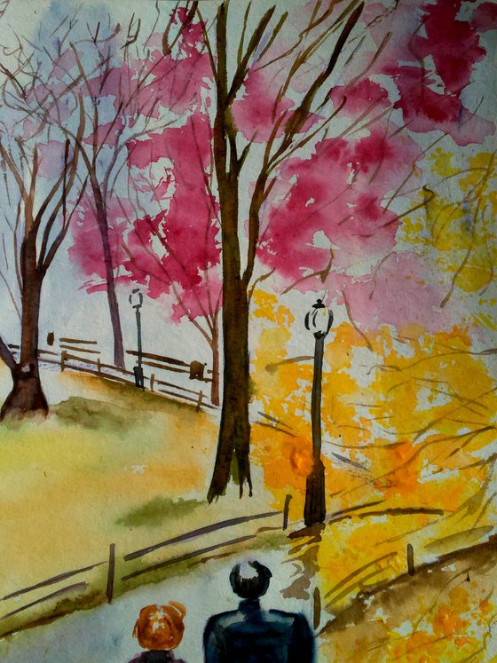 Couple Painting Central Park NYC Original Art Walk in Spring Park Watercolor Stroll Small Home Wall Art 8 by 12" by Halyna Kirichenko