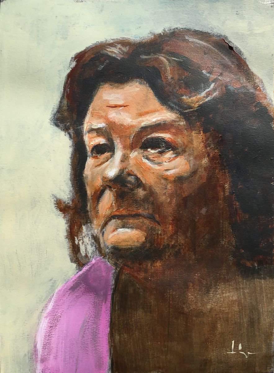 Expressive Portrait Acrylic Painting By Dominique Deve, 13 X 17, Bathroom Scene, Original Artwork