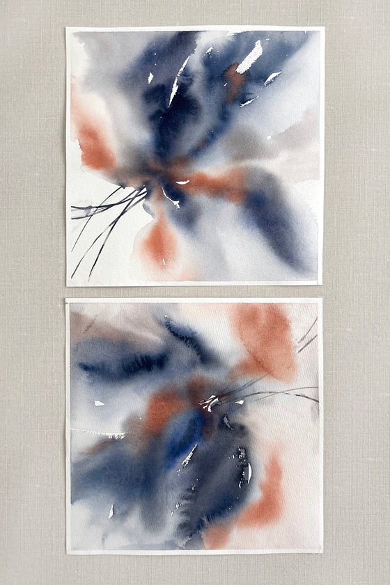 Abstract blue flowers set of 2