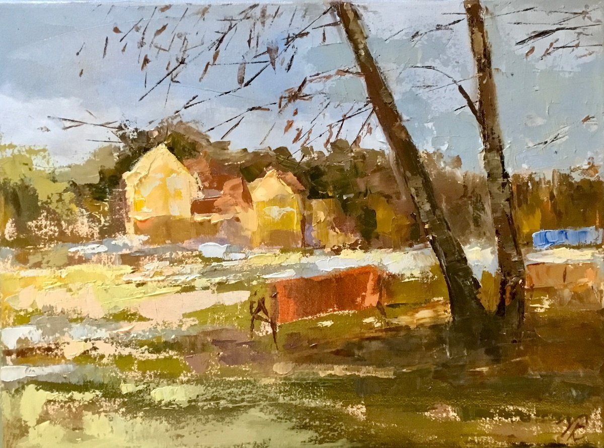 Impressionistic Landscape Oil Painting By Vera Klimova, 16 X 12", First Snow, Original Artwork