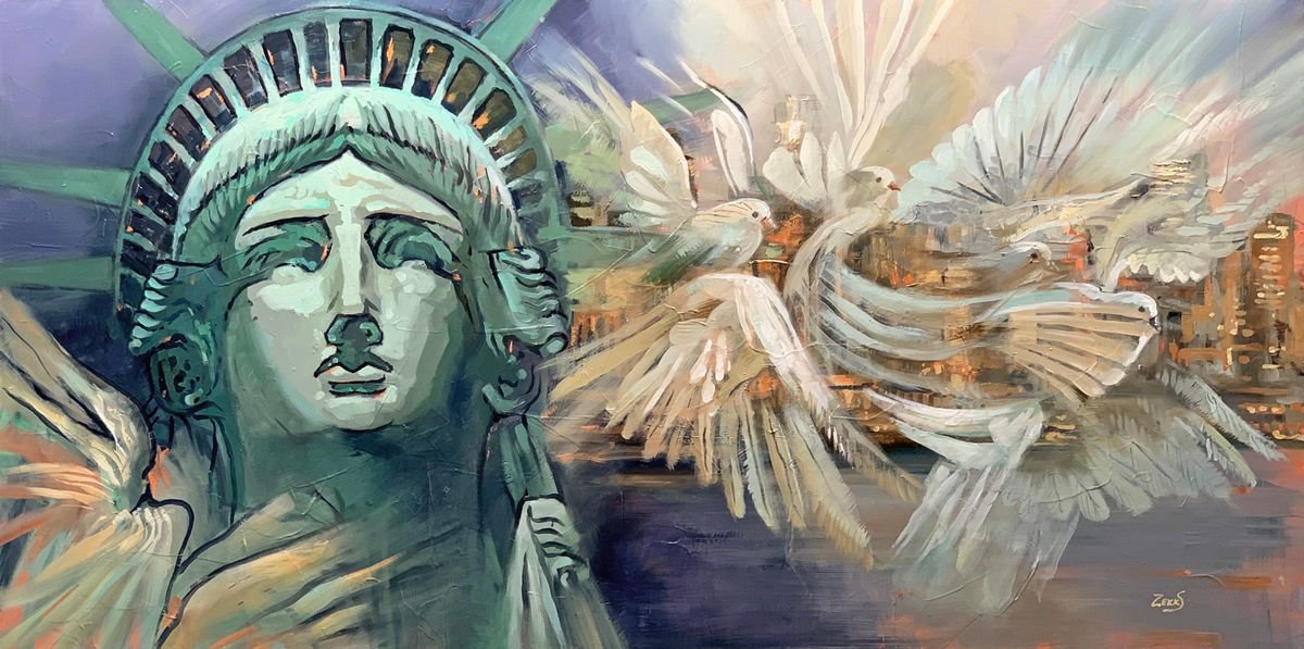 Cityscape New York Oil Painting, Statue of Liberty by Sandra Zekk