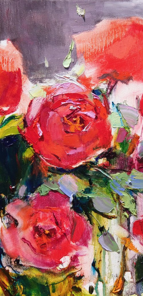 Scarlet roses . Ukrainian flowers . Intense colors. Original plein air oil painting by Helen Shukina