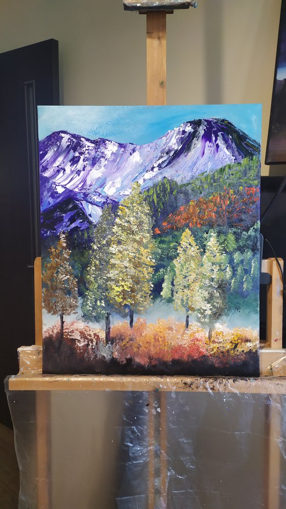 Touch the sky, original autumn landscape with mountains and trees, bedroom art