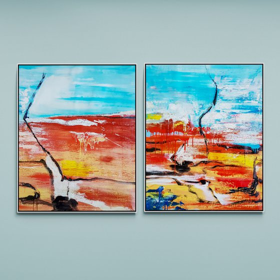 Distantes N-1, N-2 (XXXL) - ABSTRACT EXPRESSIONIST Landscape Diptych (H)120x(W)192 cm.