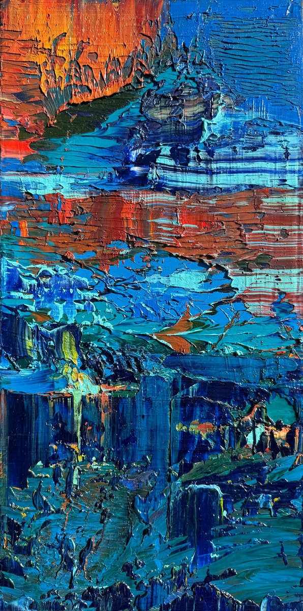 Abstract Oil Painting By Svitlana Andriichenko, 14 X 28", Ocean Flame, Original Artwork