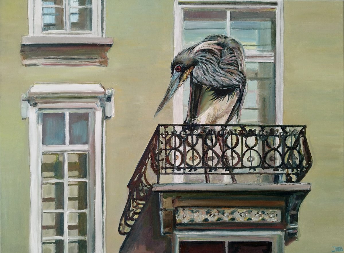 Photorealistic Animal Oil Painting By Jura Kuba Art, 31 X 24", Grey Heron In Balcony, Original Artwork