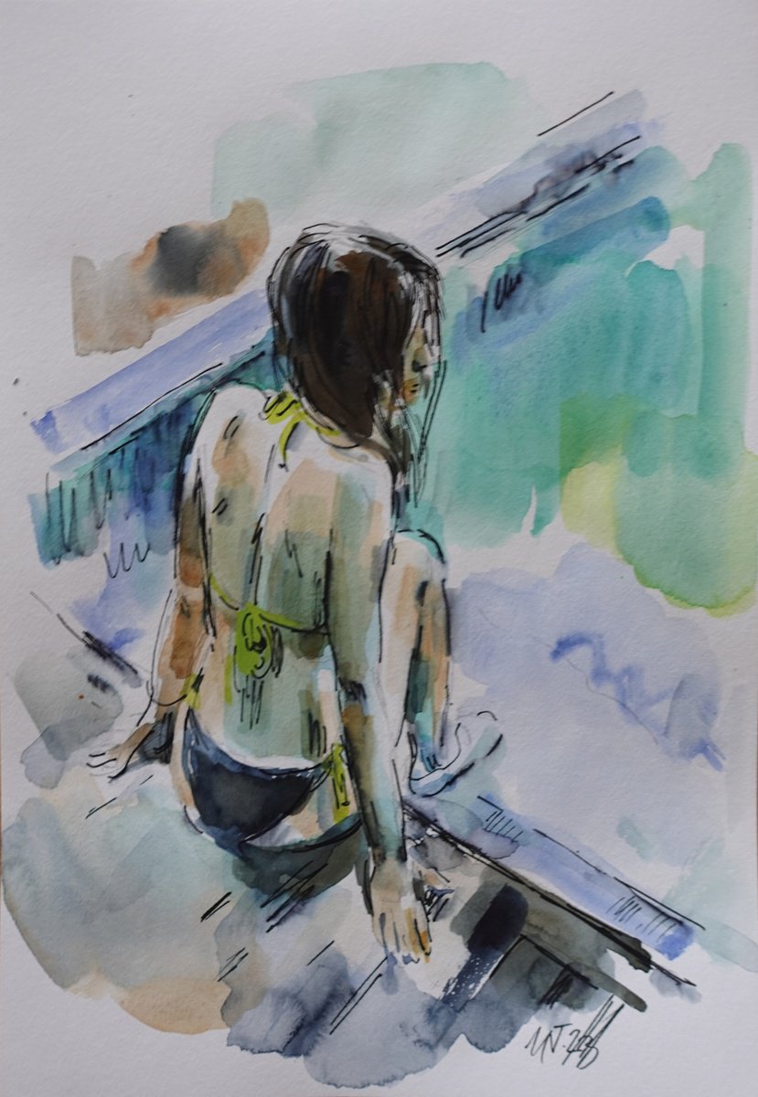 Impressionistic Portrait Watercolour By Nelina Trubach-Moshnikova, 9 X 13", A Pool, Original Artwork
