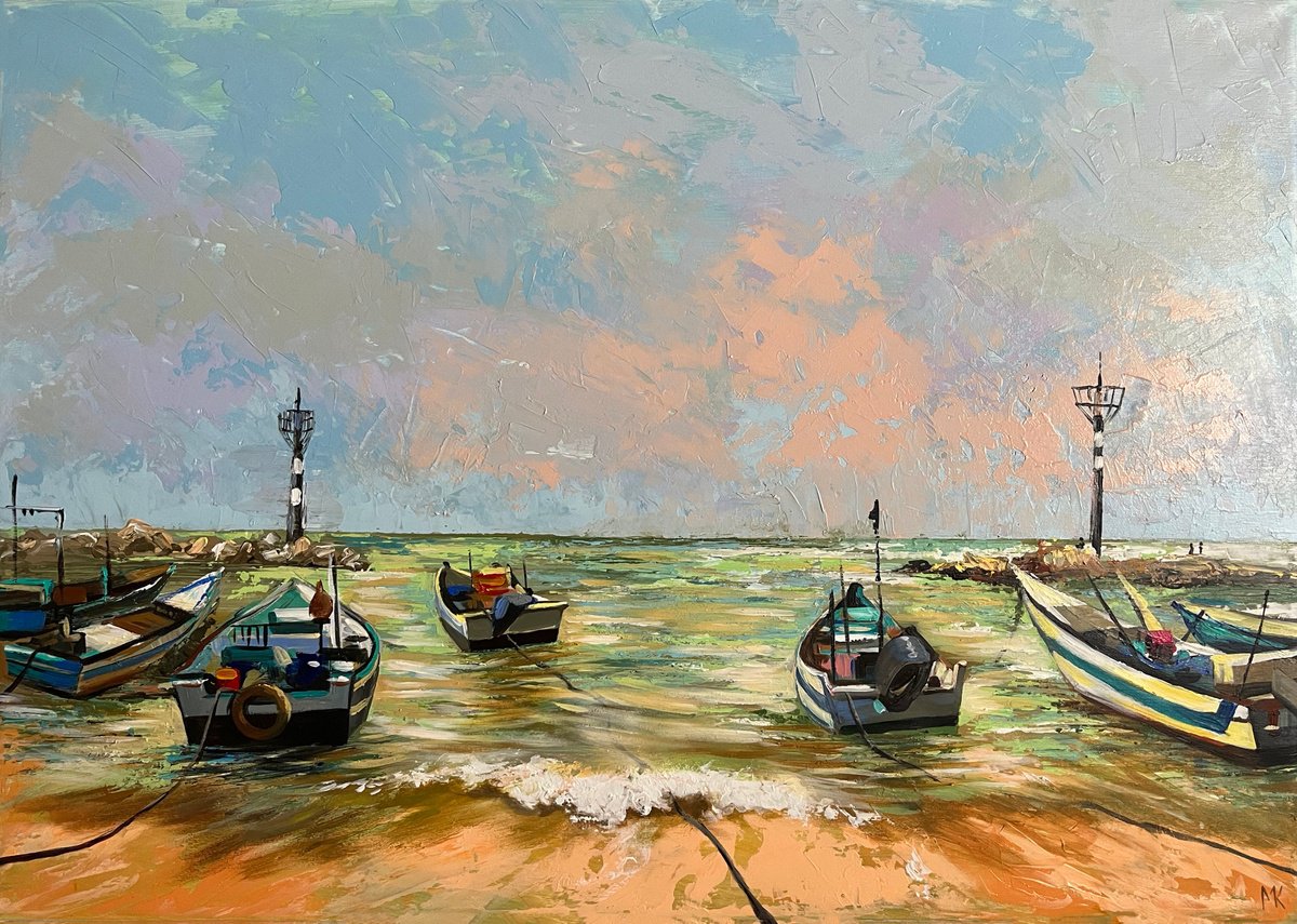 Impressionistic Landscape Acrylic Painting By Maria Kireev, 39 X 28", Boats In The Beach Dor, Original Artwork