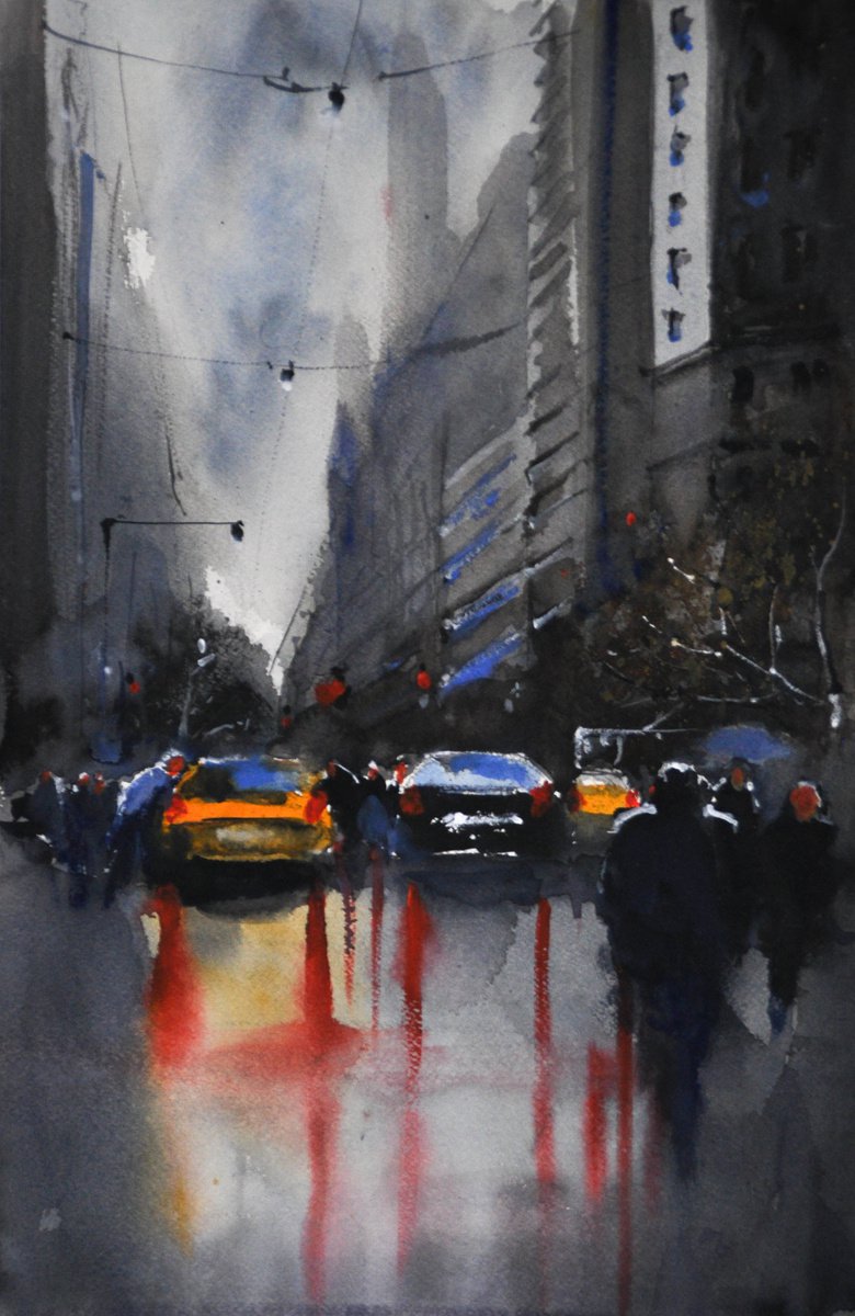 Impressionistic Cityscapes Watercolour By Flavio Furlan, 13 X 21, Rainy Cityscape 2, Original Artwork