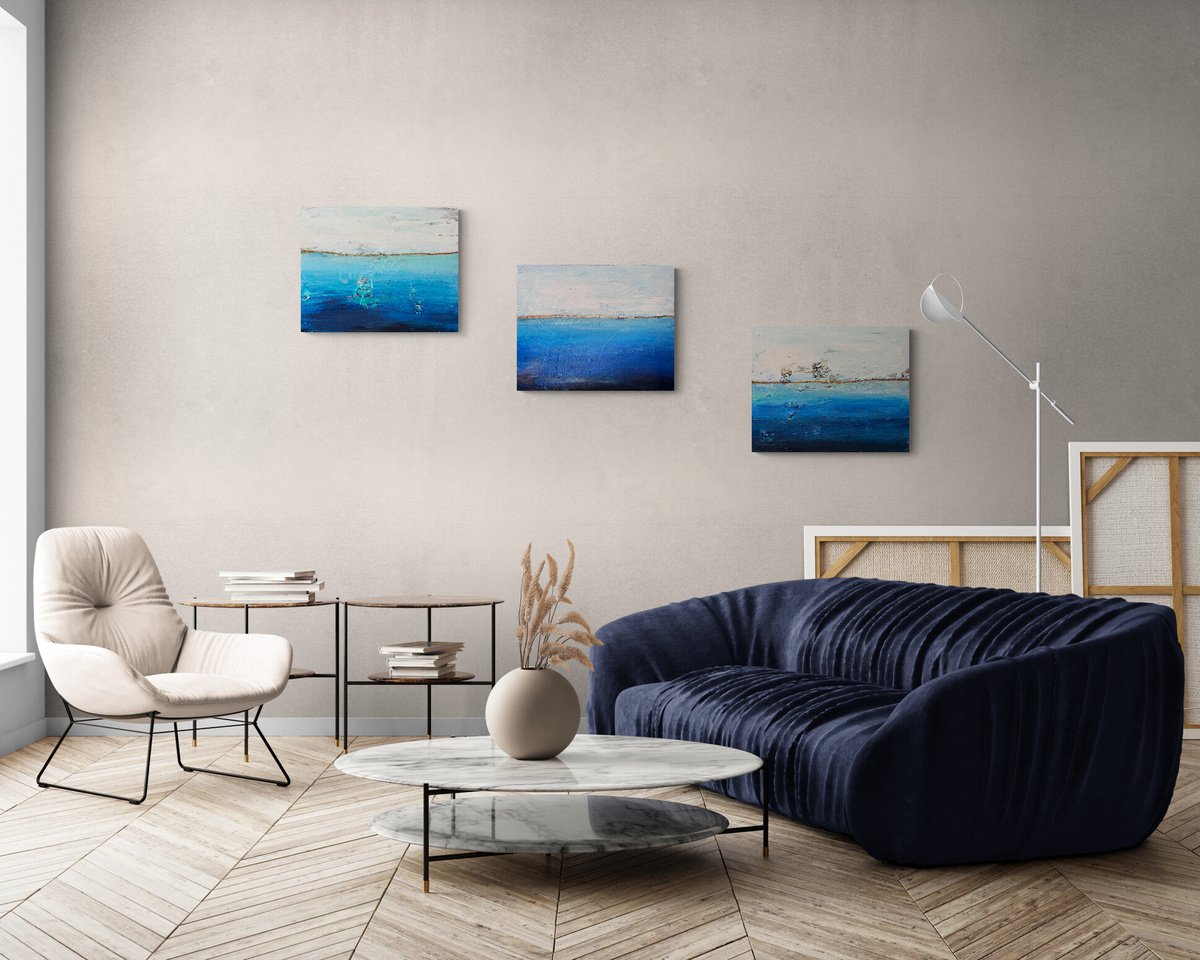 Abstract Landscape Acrylic Painting By Henrieta Angel, 60 X 16, Seascape Abstract Blue Abstract Ocean Triptych Painting, Artfinder