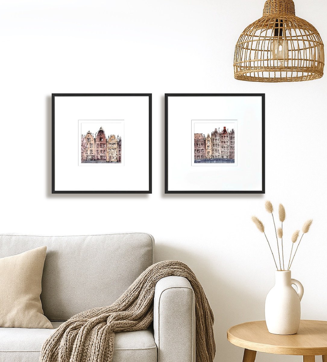 Impressionistic Cityscapes Watercolour By Alena Post, 20 X 10, Amsterdam Houses, Original Artwork