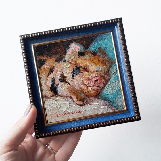 Pig painting original oil framed 4x4 inch, Small framed art beige black piggy artwork