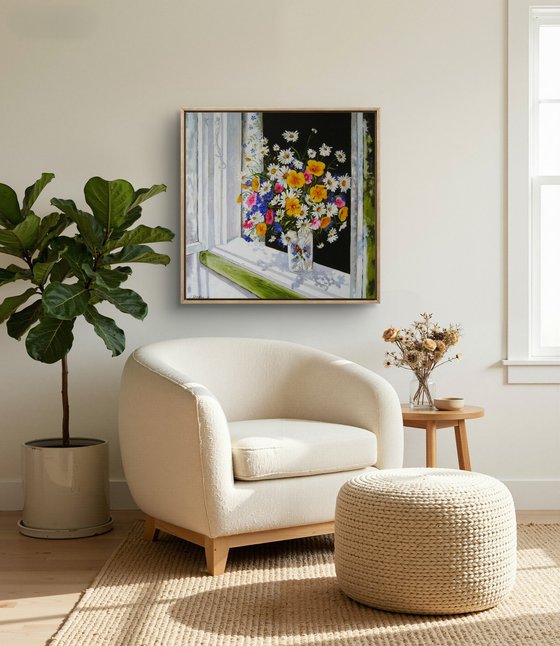 Daisy and Wildflower Bouquet on Window Sill