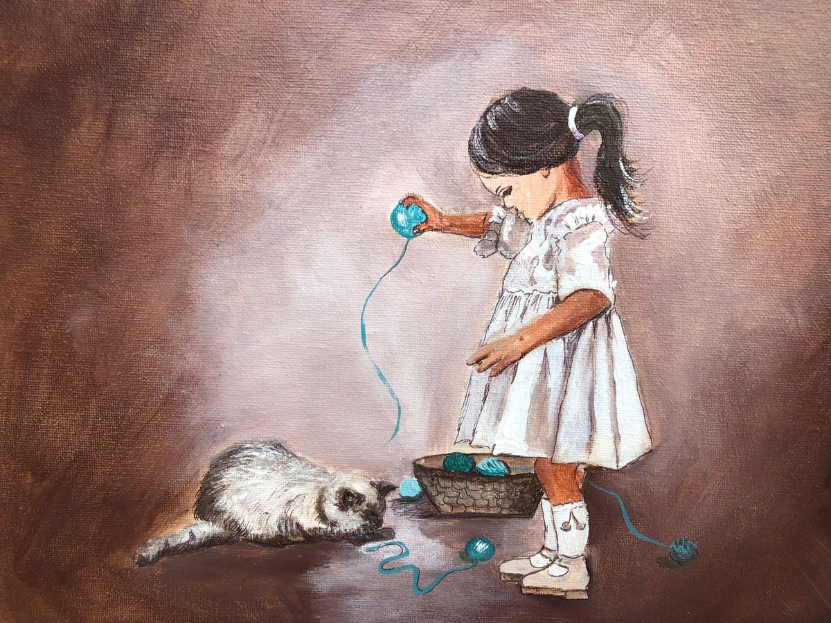 Impressionistic Portrait Acrylic Painting By Inna Montano, 14 X 11, Girl Playing With Cat, Original Artwork