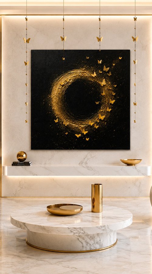 Gold Butterflies in Black Eclipse by Indie Ru