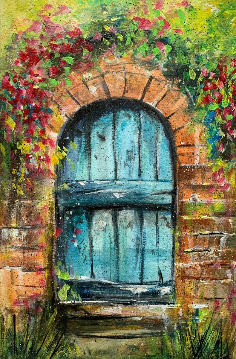 Old teal door ! A4 size Painting on paper by Amita Dand