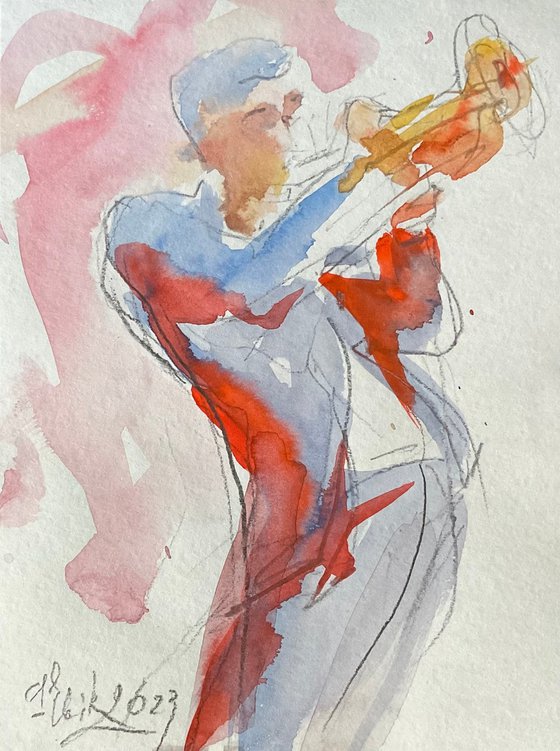 "Trumpet player" (watercolor sketch, 'Jazz by the sea' series)
