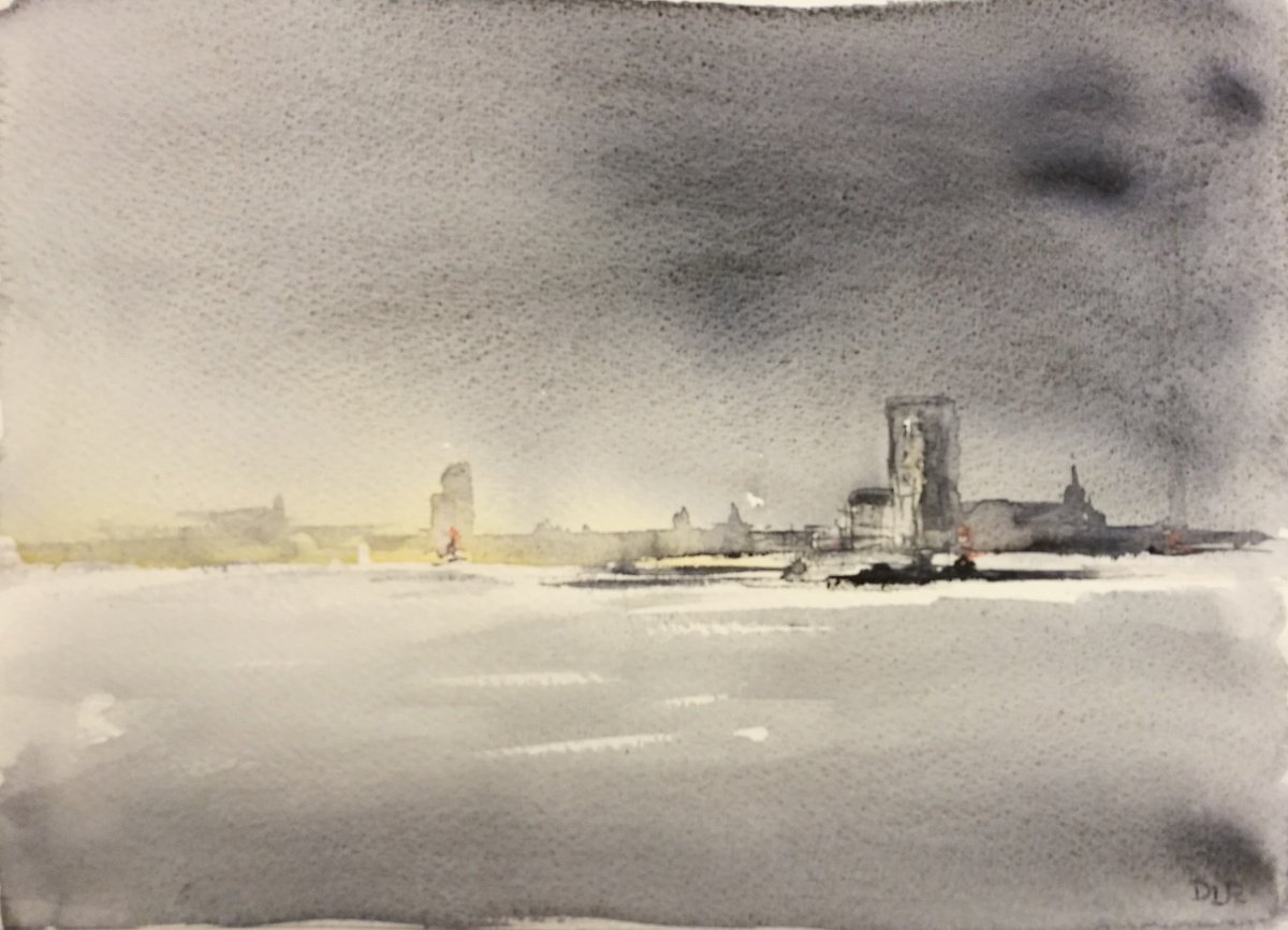 Impressionistic Landscape Watercolour By Daniela Roughsedge, 14 X 10, A Grey Day On The River, Original Artwork