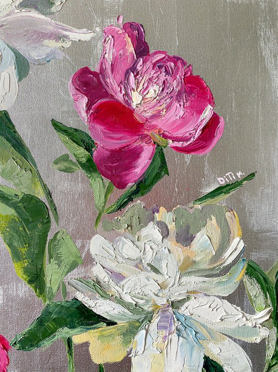 Oil painting Delicate White and Pink peonies