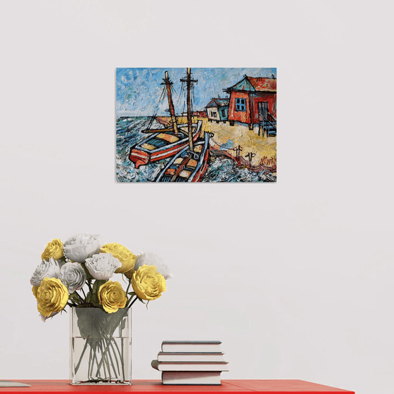 Boats and surf.