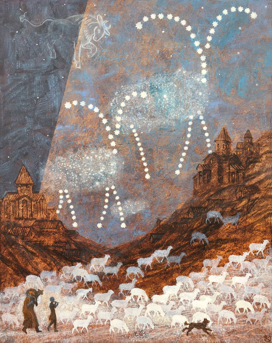 Surrealistic Animal Acrylic Painting By Olga Kataeva-Rochford, 29 X 36", Constellation Aries, The Ram, Original Artwork