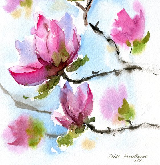 Magnolia flowers original watercolor painting, floral artwork, pink and green impressionistic wall art, bedroom decor, gift for her