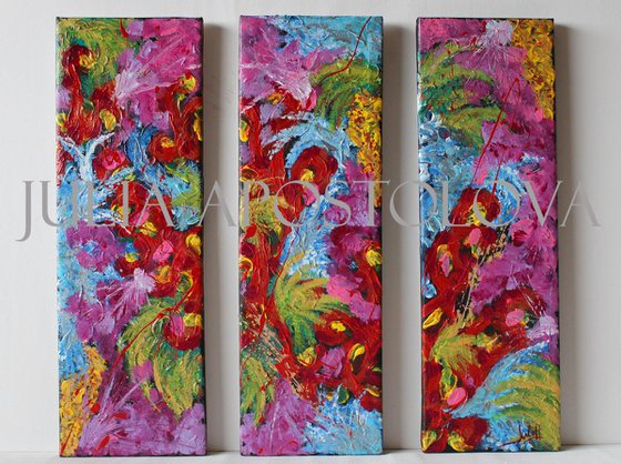 Three Part Painting, Floral Abstract Art, Modern Triptych, Original Hand-painted, Rich Texture, Ready to Hang Paintings