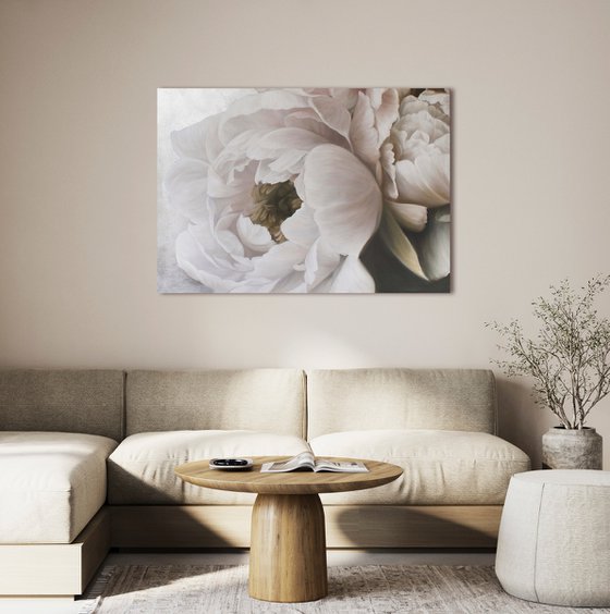 "Velvet Peonies" White silver flowers oil art