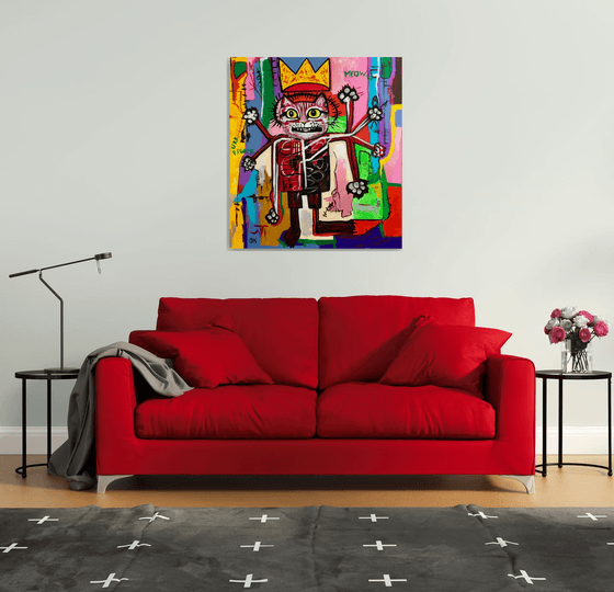 KING TROY the cat, ( 102 x 91 cm, 40 x 36 inches),  multi-armed, multitasking, inspired by Basquiat and Indian culture, solving the problems of the modern rapidly changing world in parallel and seamlessly