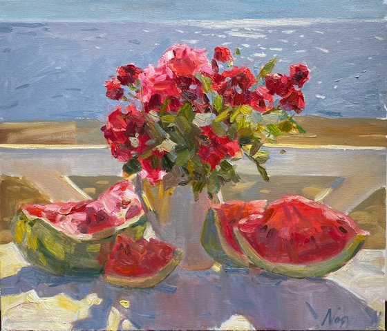 Red roses, watermelon and sea view