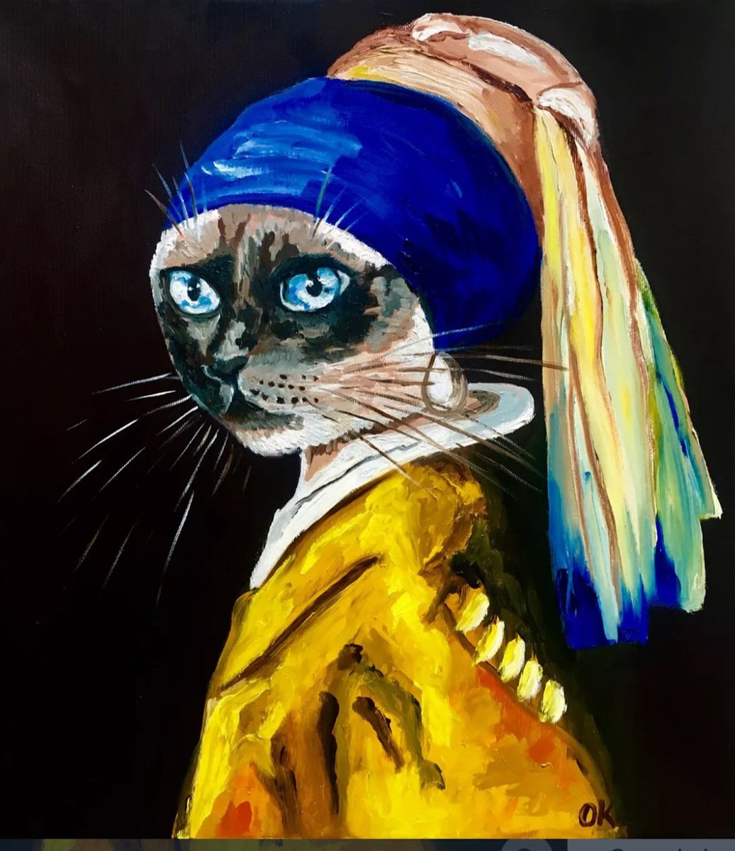 Expressive Animal Oil Painting By Olga Koval, 18 X 20", Cat With The Pearl Earring, Original Artwork